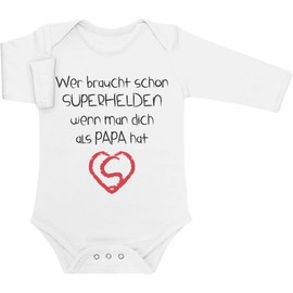Long-Sleeved Baby bodysuit with "Wer Braucht SUPERHELDEN Wenn Man Dich Als PAPA Hat" Wording in German - 6m