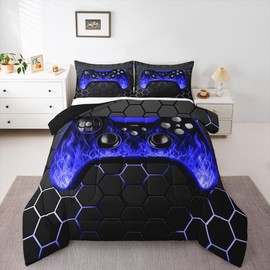 Erosebridal Boys Twin Bedding Sets for Gaming Room Decor,Gamer Comforter Sets for Boys Blue Black Gamer Comforter with Honeycomb Geometric Print for Kids Teen Cool Game Black Quilt (Blue,Twin)