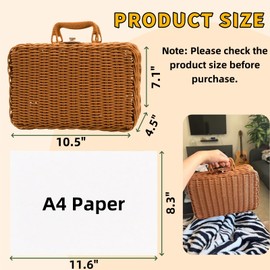 Covzoe Small Wicker Picnic Basket, Vintage Rattan Suitcase with Handle, 10.5" Rustic Storage Hamper Prop Case with Leather Strap Lock, Plastic Storage Box Makeup Organizer for Sundries Camping Travel