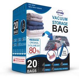 POTORIK Vacuum Storage Bags, 20 Pack (4 Jumbo/4 Large/4 Medium/4 Small/4 Roll) – Space Saver Compression Bags for Clothes, Comforters & Blankets – Durable Double-Seal Vacuum Bags with Hand Pump