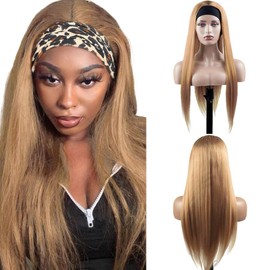 30 Inch Blonde Headband Wig Human Hair 150% Density Brazilian Remy Human Hair Machine Made Straight Wig Glueless None Lace Front #27 Wig Honey Blonde Colored Grade 8A