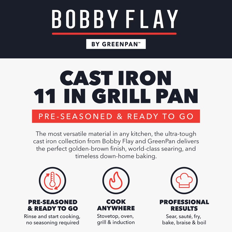 GreenPan x Bobby Flay Cast Iron 11” Square Grill Pan,