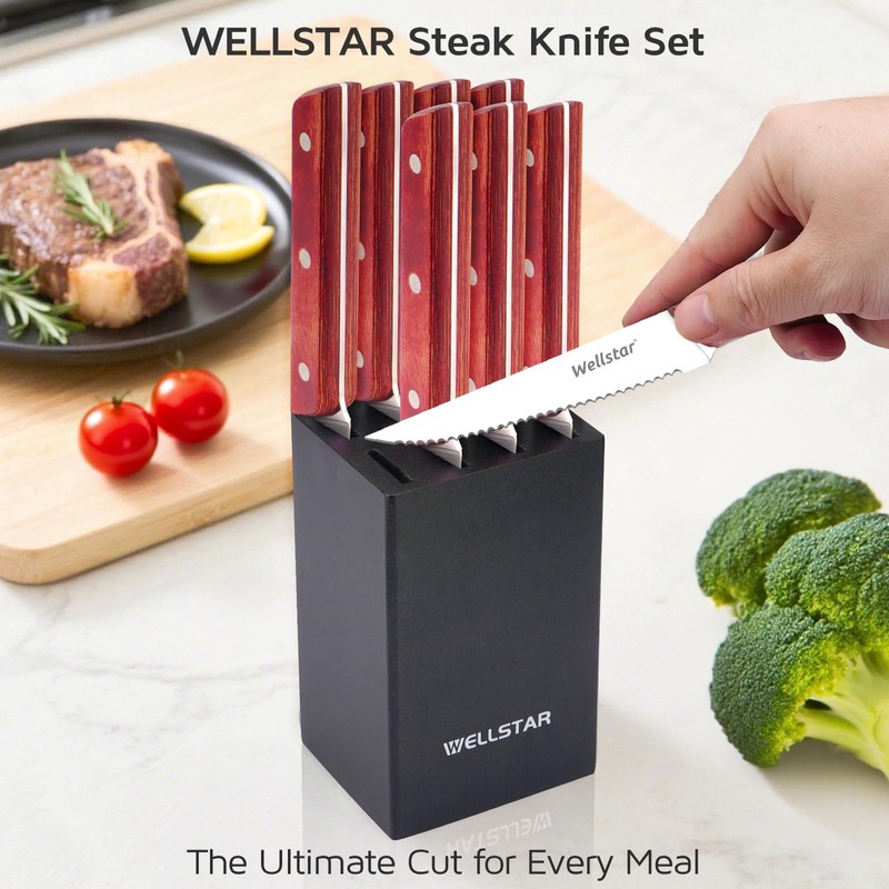 WELLSTAR 8-Piece Steak Knife Set with Wood Block – 4.75"