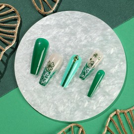 YoYoee Diamond Inlaid Manicure Press on Nails Long Coffin Fake Nails French False Nails Acrylics Ballerina Green Nails Tips for Women and Girls 24PCS