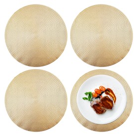 Spldsun Set of 4 Round Gold Place Mats, Gold Non-Slip Placemats, Round Vinyl Hollow Placemats, for Plates, Pot Holders, Table Decoration (Golden)