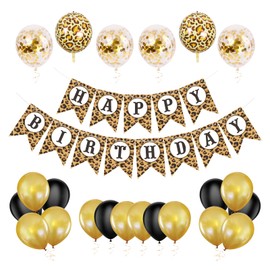 Marwey Black and Gold Cheetah Birthday Banner Decorations 25 pcs Leopard Print Theme Party Supplies Balloons and Banner Kits for Girls Jungle Animal Birthday Party,Wild One Celebrations