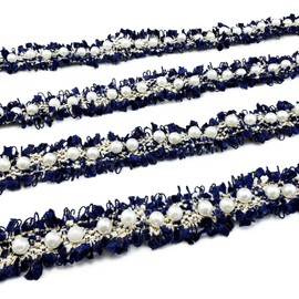 BETITETO Pearl Beaded Braid Lace Trim Ribbon Trimming Edge Embellishments 4 Yards for Sewing Wedding Dress Coat Costume Party Decoration Fabric Crafts DIY (Navy Blue)
