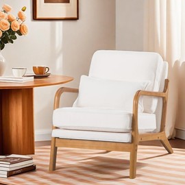 ChicFurnit Accent Chair Living Room Chairs, Mid Century Modern Chair with Wood Arms, Upholstered Living Room Chairs with Waist Cushion for Living Room Bedroom (Set of 1, Beige)