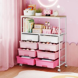 SYKIARIOL 8 Drawers Rolling Storage Cart with Wooden Top, Multipurpose Utility Cart with Opening Shelf & Lockable Wheels, Storage Drawer Cart Organizer for Home Office Craft Room Classroom, Pink