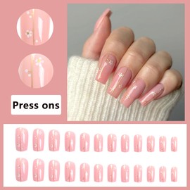LoveOurHome 24pc Square Press on Nails Medium Fake Nails Pink Glue on Nail Spring Flower Acrylic Nails Press ons Nails Medium Square Women Girls False Artificial Fingernails with Glue Adhesive Tabs