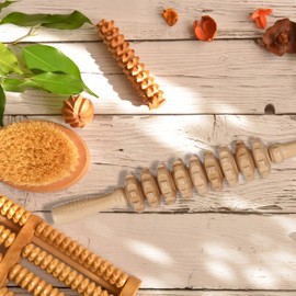 Relaxdays 3 x Wooden Massage Roller with 2 Handles, Manual Massager for Back, Neck, Arms & Legs, Natural