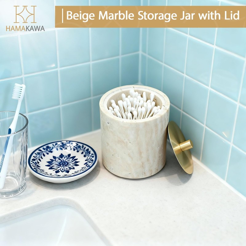 HAMAKAWA Nartural Marble Qtip Holder with Brass Lid, Beige Travertine
