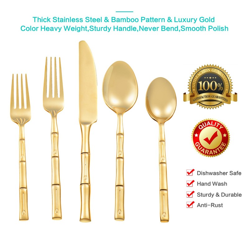 Flatasy Flatware Set Gold Silverware Set with Bamboo Pattern Mirror
