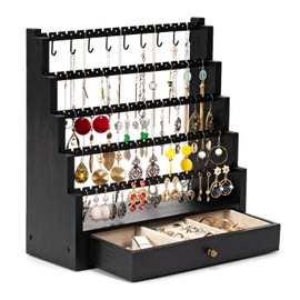 Pinzoveco Earring Organizer, 5 Layer Earring Holder Organizer with Metal Necklace Holder Pole, Rustic Wood Jewelry Organizer Stand Display for Stud Earring Bracelet Necklace Ring, 175 Earring Holes