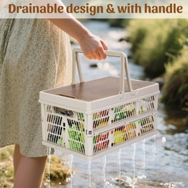 Yummy Sam Collapsible Storage Bin with Wooden Lid & Handle, 18L Portable Plastic Storage Crate, Hollow out design, for Camping, Outdoor Gatherings and Travel, Beige