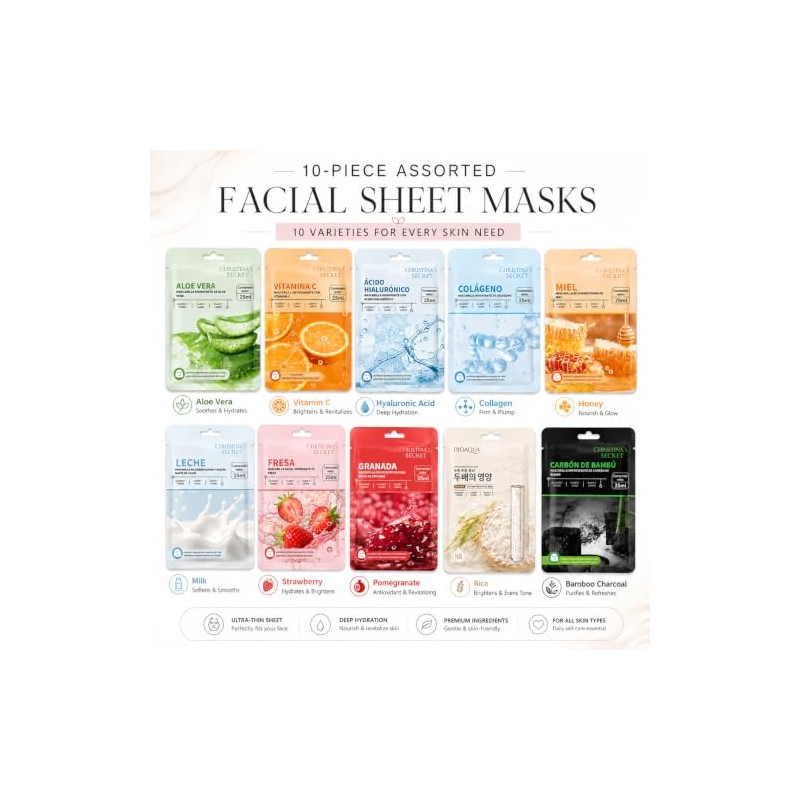 Mascarillas Faciales Coreanas Surtidas – Pack de 10 Piezas Hidratantes
