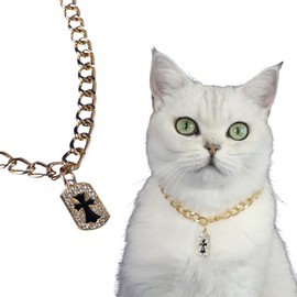 Pet Metal Chain Full Diamond Cross Baroque cat and Dog Gold Silver Necklace Decorative Collar (Cross Gold B, M(30-40CM))