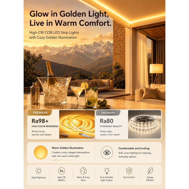 Gold Yellow COB LED Strip Light 24V,16.4FT Dotless Light (Without