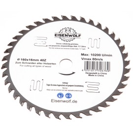 160 x 16 mm premium saw blade, circular saw blade for wood with 40 tilted TCT teeth and laser cuts for noise reduction