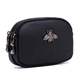 AprinCtempsD Ladies Genuine Leather Small Coin Purse Womens Mini Wallet Pouch Credit Card Holder with Double Zip (Black)