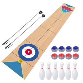 11.8’L Shuffleboard, Curling and Bowling 3 in 1 Board Game Set,with 11.8 Foot Game Mat,2 Cues,8 Curling Rocks,6 Bowling Pins,Fun Family Game