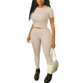 ZFLM Casual Workout Two Piece Outfits for Women Fitted Crew Neck T-shirt High Waist Pants Matching Sets Streetwear