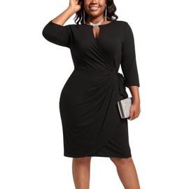 Younrui Plus Size Black Wedding Guest Dresses for Curvy Women Elegant Faux Wrap Belted Sheath Bodycon Midi Work Dress(3XL-1030-Black)