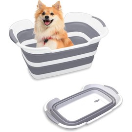 7.1 Gal/ Multipurpose Collapsible Pet Bathtub Upgraded with Drainage Hole and Pet Hair Collector for Bathing/Shower, Portable Laundry Basket- Bathing Tub-Storage Organizer - Color: Grey