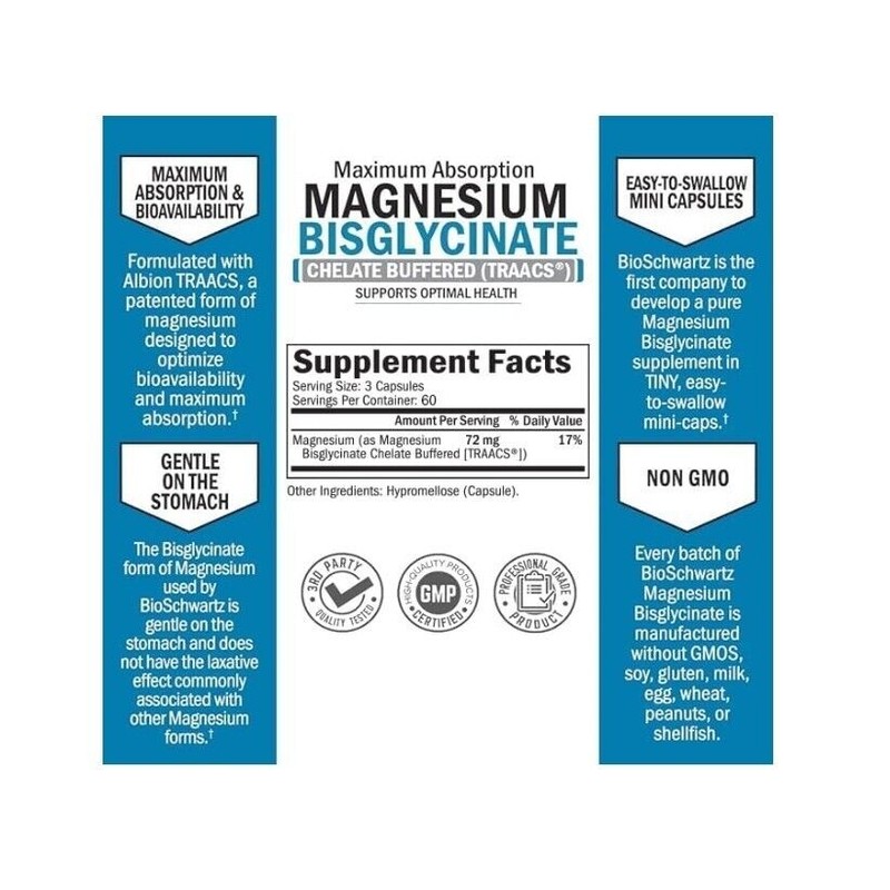 BioSchwartz Magnesium Bisglycinate 100% Chelate, Maximum Absorption, 180 Veggie Caps