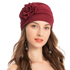 ZLYC Women Turban Beanie Hat with Flower Chemo Headwear Elastic Head Wrap Cap(Floral Burgundy),One Size