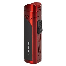 Lotus Monarch Cigar Lighter with Quad Wind-Resistant Torch Flames, All Metal Housing, Fold-Out Cigar Punch, Cigar Rest Cap, Tinted Fuel Level Window (Red & Rubberized Black)