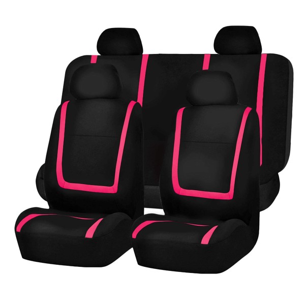 FH Group Automotive Seat Covers Unique Flat Cloth Pink Full Set, Combo Steering Wheel Cover and Seat Belt Pads Rear Solid Bench Universal Fit for Vans Cars Trucks and SUV Interior Accessories