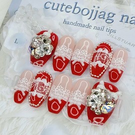Red Romance Handmade Nail Tips - Almond S / 레드 로망스 수제네일팁 - 아몬드S