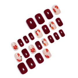Vopintpy Wine Red Fall Press on Nails Short Thanksgiving Square Fake Nails Autumn Maple Leaf Acrylic Glue on Nail Glossy Maple Leaves Artificial Stick on Nail for Women DIY Manicure