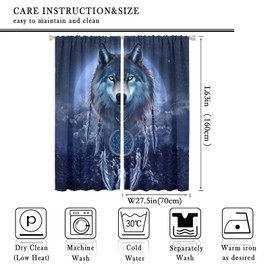 INSFBRB Cool Wildlife Wolf Blackout Curtains,Fantasy Galaxy Misty Forest Wolf Dream Catcher Window Drapes Rod Pocket Thermal Insulated Room Darkening Blackout Curtains 2 Panels 63L x 27.5W