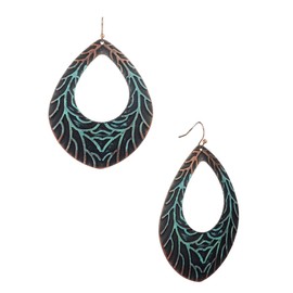 Women's Bohemian Nature Inspired Stem Imprinted Metal Pierced Dangle Earrings, Teardrop Leaf