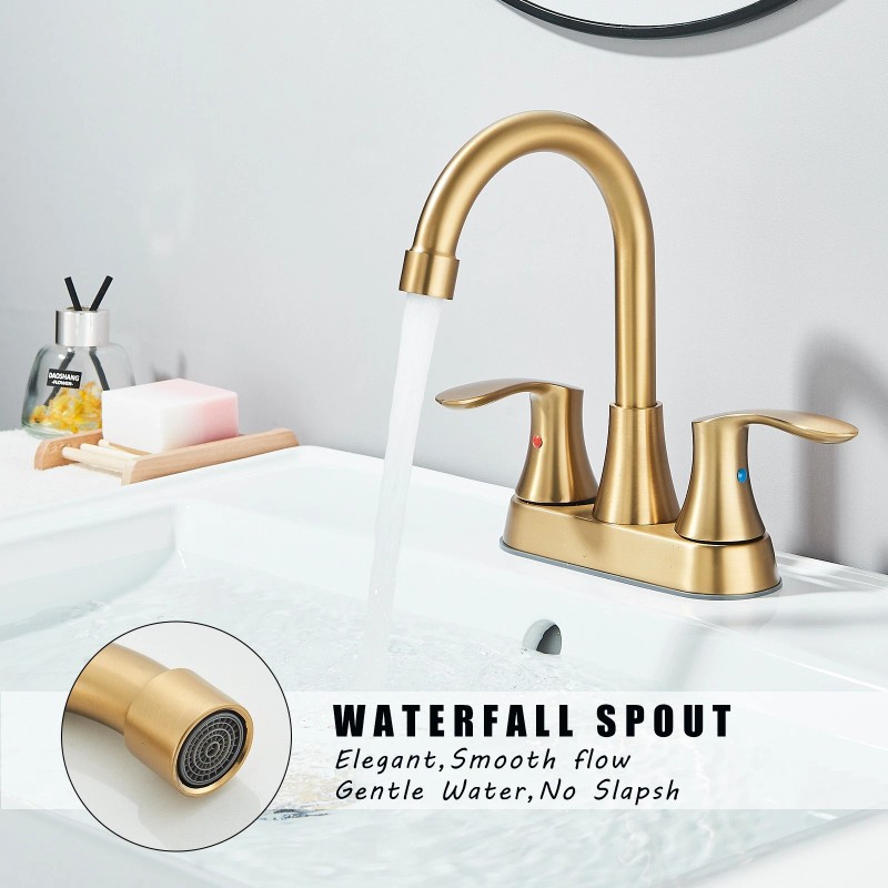 SHOWER-HOME Brushed Gold Bathroom Sink Faucet Waterfall 2-Handle Centerset Vanity