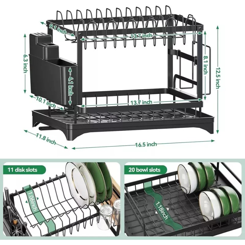 AIDERLY 2 Tier Dish Drainer Rack with Drip Tray Cutlery