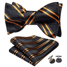 Hi-Tie Silk Self Tie Bow Ties for Men Adjustable Men's Bowtie Handkerchief Black Gold