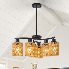 AIBISOD 6-Light Black Chandelier, 6-Light Farmhouse Boho Rattan Chandelier Dining Room Light Fixtures Over Table, Hand-Woven Wicker Shade, Adjustable Height for Dining Room Kitchen Island, E26 Base