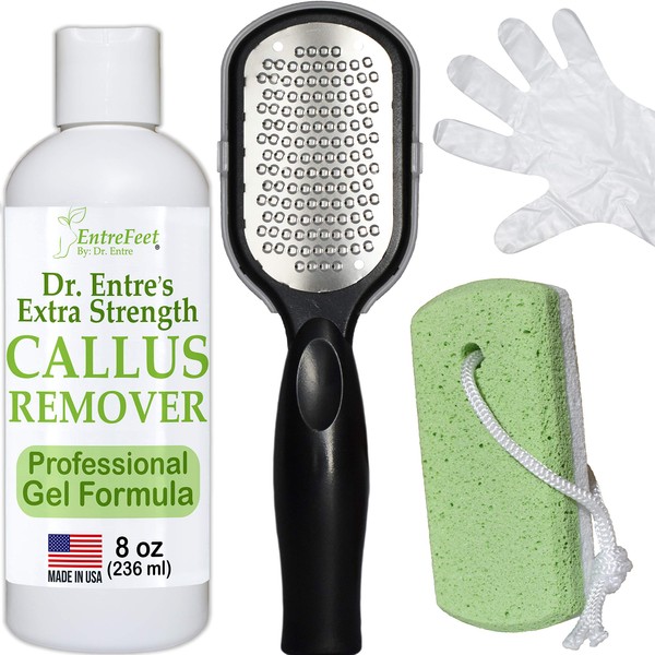 Dr. Entre's Callus Remover Kit: 8oz Callus Remover Gel, Foot File, Pumice Stone, 5 Glove Pairs for Gel Application | Spa Kit, Foot Care, Pedicure Tools for Cracked Heels