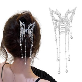 Metal Butterfly Hair Claw Clips with Tassel Hollow Butterfly Hair Clips Sparkling Fluttering Chain Tassel Nonslip Claw for Women Daily Hair Accessories