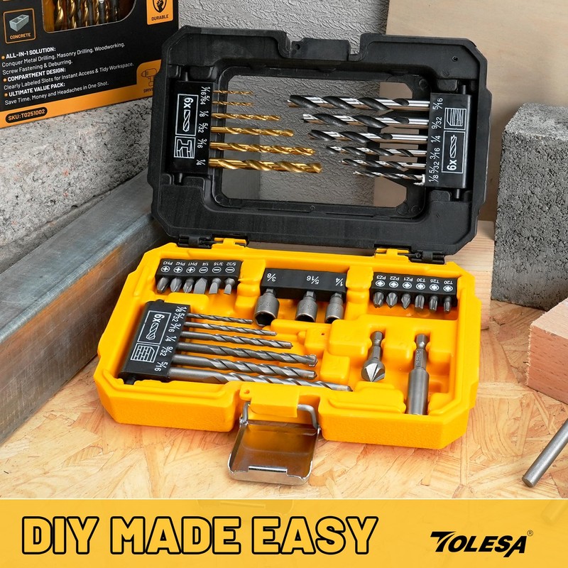 TOLESA 35pcs Drill Bit Set, Titanium Coated, HSS Twist Driver