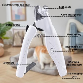 GOMETY Nail Scissors for Dogs Cats with LED Light, Professional Nail Clippers with Splash Resistant Protection Device & Nail File Cat Nail Scissors for Medium and Small Pets Claw Care