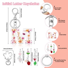 Lukiisoo Pink Flowers Initial Letter Keychains, Aesthetic Y2K Key Chain, Sweet Butterfly Star Strawberry Keyring Charms for Women Bag Purse Gifts(Letter M)