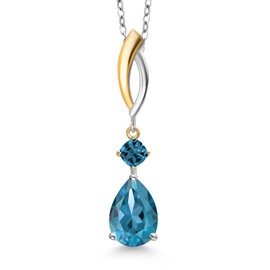 Gem Stone King 925 Silver and 10K Yellow Gold London Blue Topaz Pendant Necklace for Women | 2.78 Cttw | Gemstone November Birthstone | Pear Shape 10X7MM | With 18 Inch Chain