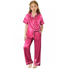 Arshiner Girls Pajamas Silk Satin Button Down Pjs 2 Piece Short Sleeve Sleepwear Set Rose Red 5-6 Years