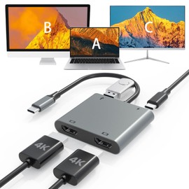 USB C to Dual HDMI Adapter, Supports VVG 4K@60Hz, 100W PD, USB-A Port, Dual HDMI Splitter for Type C Devices (Not MST on MacOS) (gray)