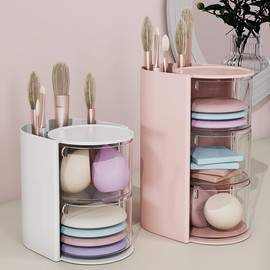 3-Tier Hair Accessories Organizer with Hair Brushes Holder, Rotatable Drawer Makeup Sponge Holder Desktop Organizer Case for Makeup Brush Lipsticks Q-tip Cotton Swab Stationery (Pink, 18.2*13.4*10CM)