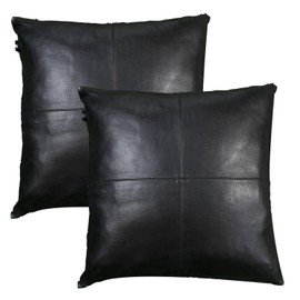 QAWACH Lambskin Leather Pillow Cover - Sofa Cushion Case - Decorative Throw Covers for Living Room or Bedroom, 18 x 18 Inches - Black Pack of 2